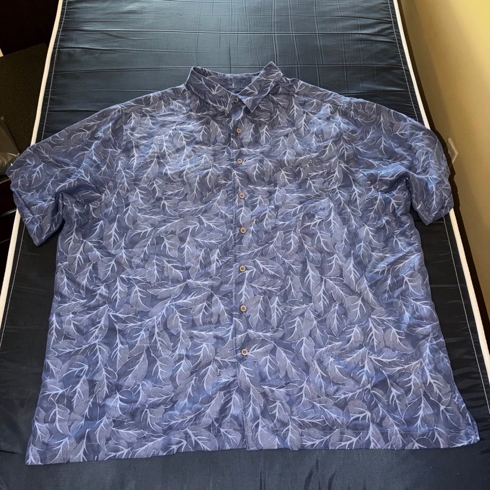 Roundtree & Yorke Mens 3XT Blue Leaf Print Modal Blend Button Up Shirt Tall‎